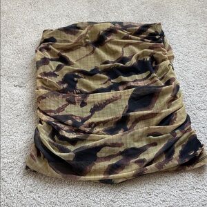 Topshop Olive Green Ruched Mini Skirt with Black & Brown Print